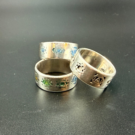 Sterling silver band ring with 1-7 Chakra symbols engraved into band and optionally colored and customized