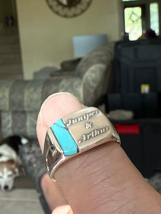 Handmade customized silver signet ring with natural turquoise stone