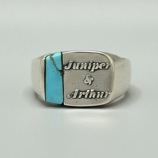 Handmade customized silver signet ring with natural turquoise stone
