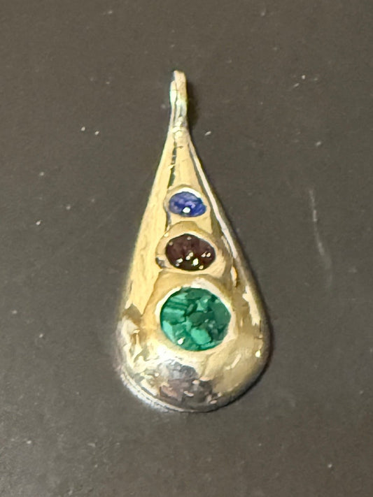 Handmade silver pendant with lapis, garnet and malachite natural stone chips.