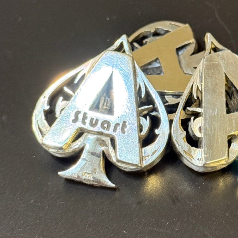 Three handmade silver ace of spades card protector some generic with no customization and others with custom text