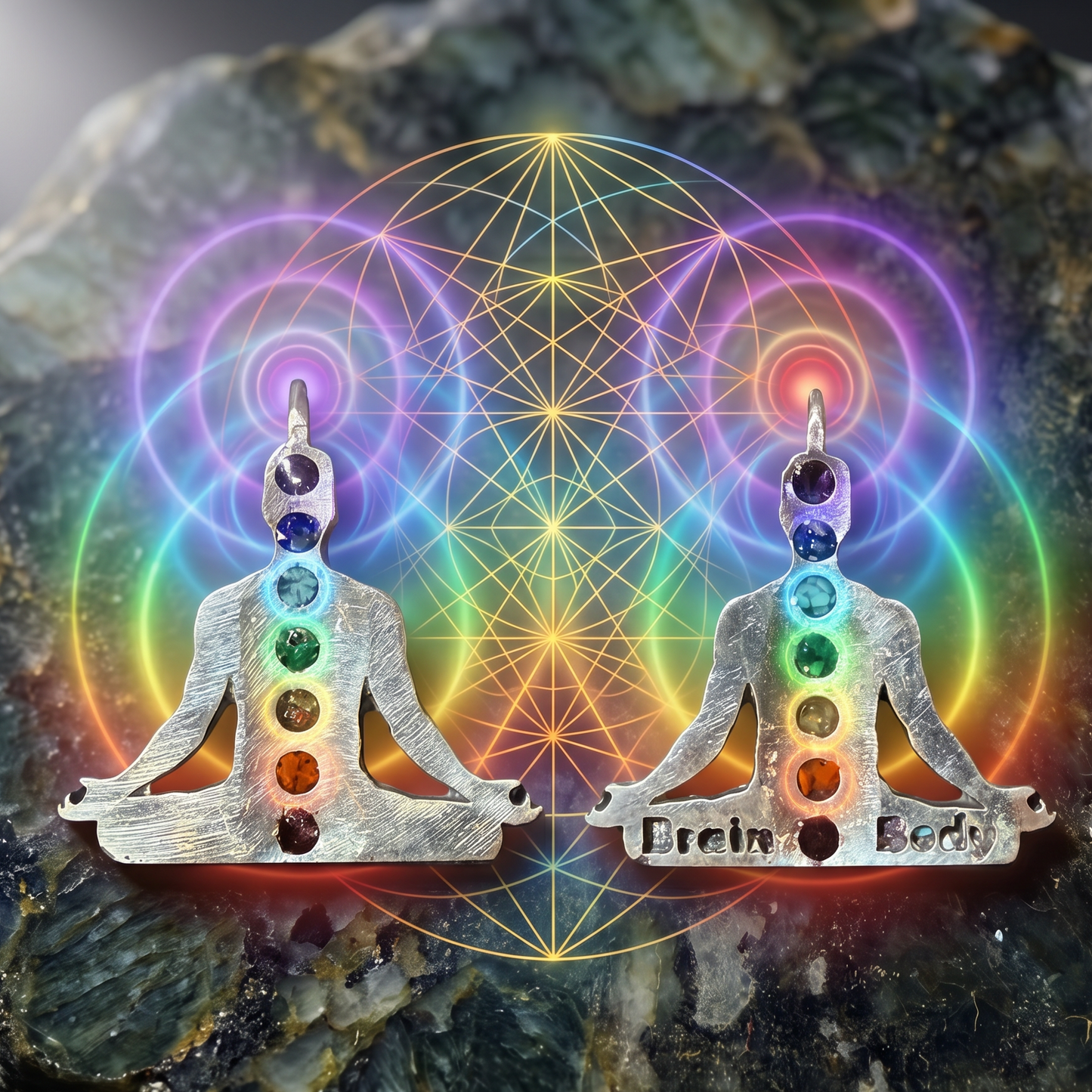 Silver meditation pendant with chakra stones on a stone surface with a colorful geometric design in the background.