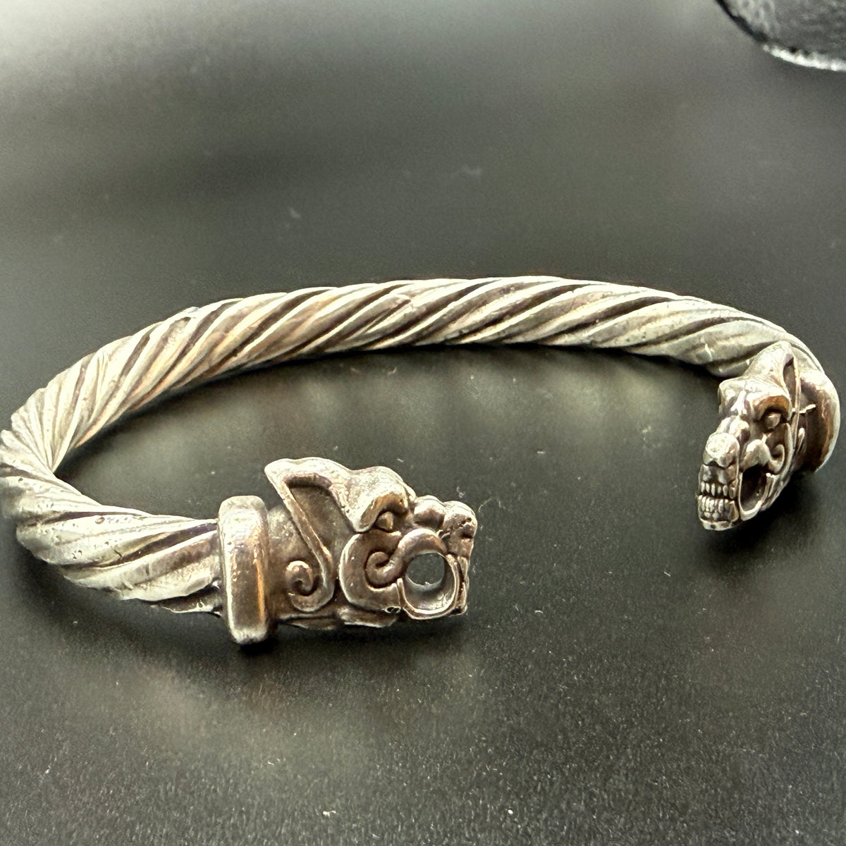 Solid sterling silver Viking bracelet with wolf heads