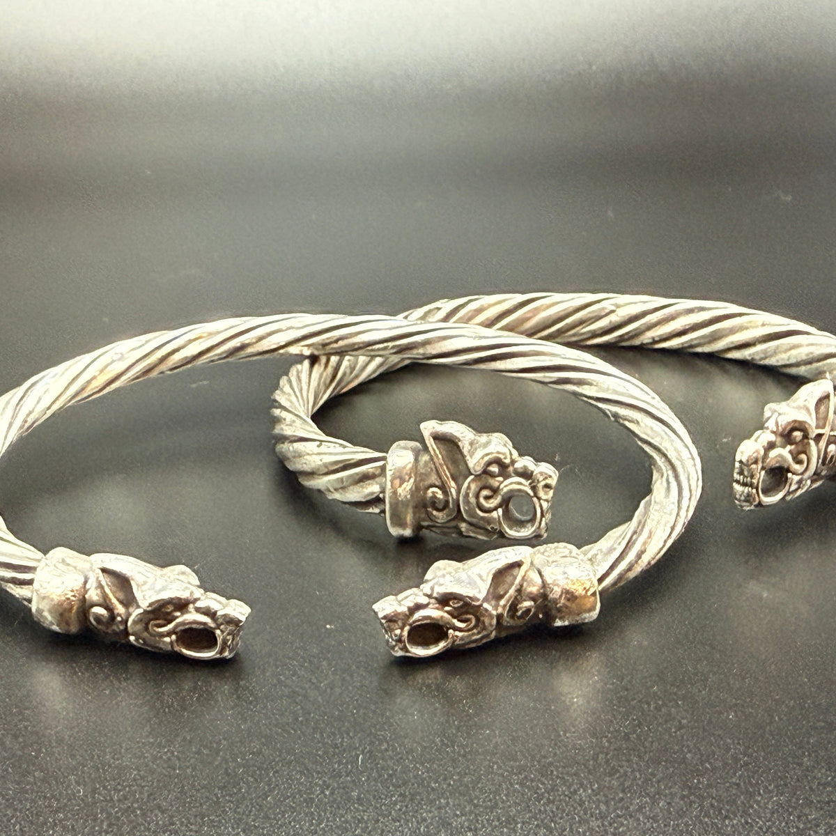 Solid sterling silver Viking bracelets with wolf heads
