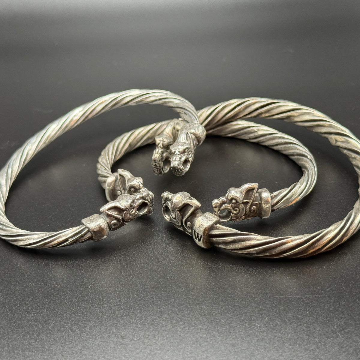 Solid sterling silver Viking bracelets with wolf heads, includes customized one with W monogram