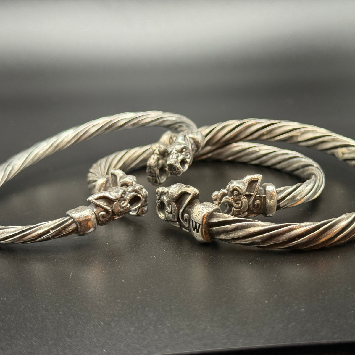 Solid sterling silver Viking bracelets with wolf heads, includes customized one with W monogram