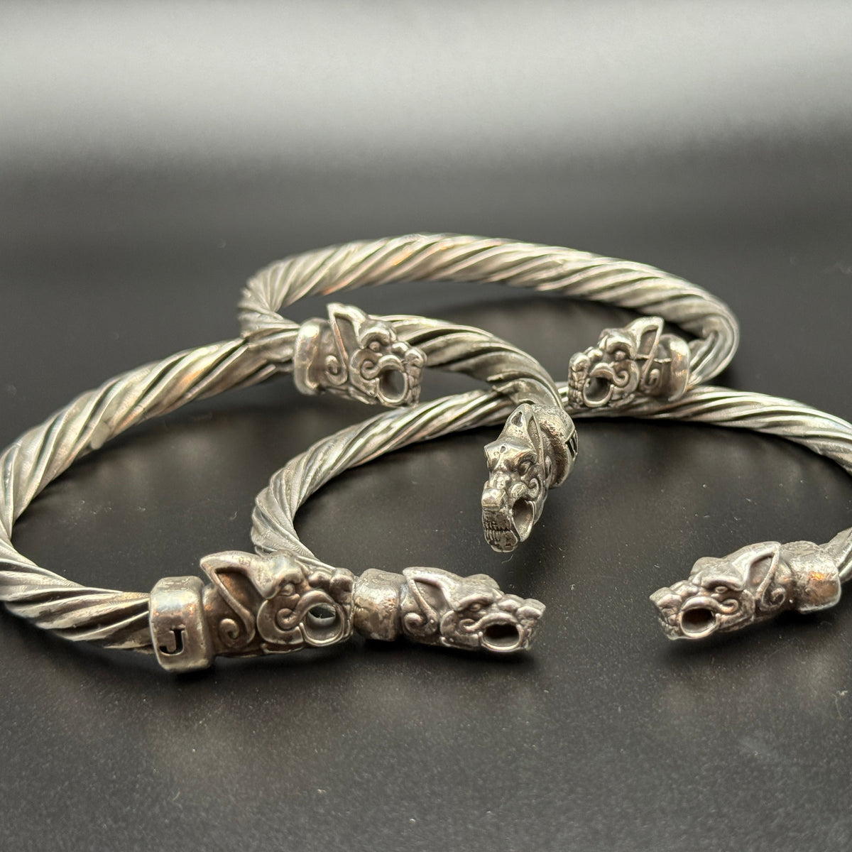Solid sterling silver Viking bracelets with wolf heads, includes customized one with W monogram
