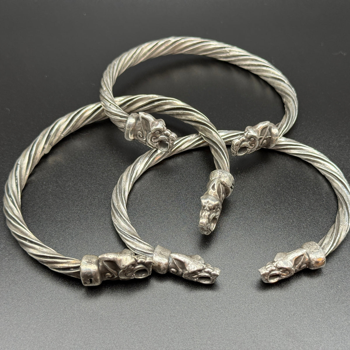 Solid sterling silver Viking bracelets with wolf heads, includes customized one with J monogram