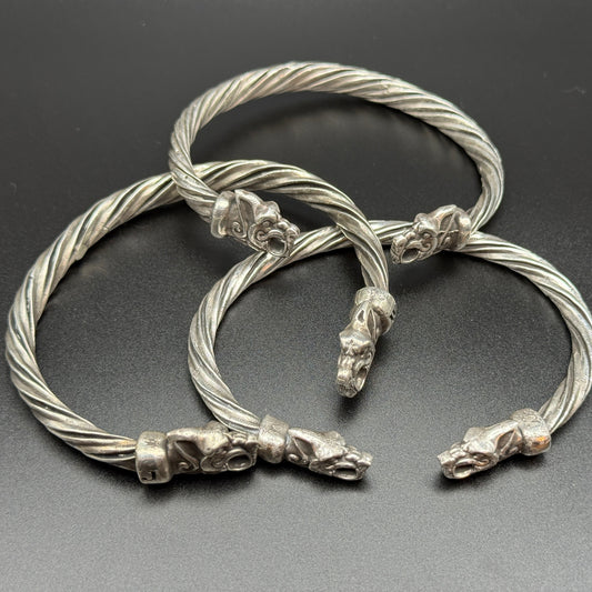 Solid sterling silver Viking bracelets with wolf heads, includes customized one with J monogram