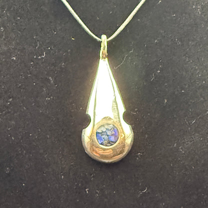 Handmade silver pendant with lapis natural stone chips and scalloped edge