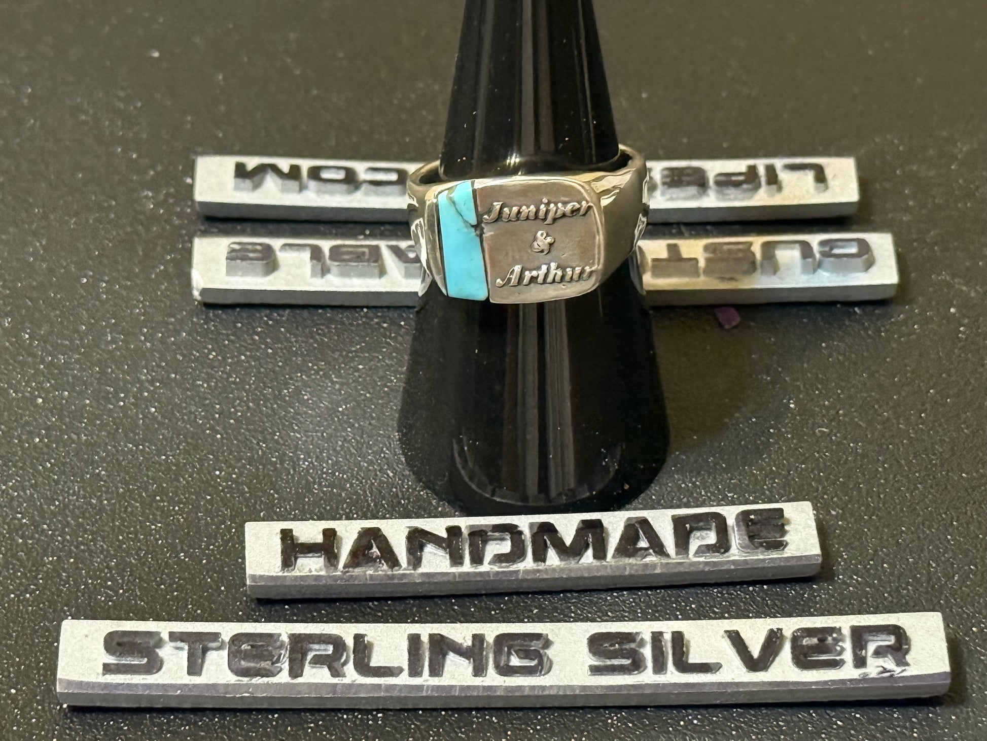 Handmade customized silver signet ring with natural turquoise stone