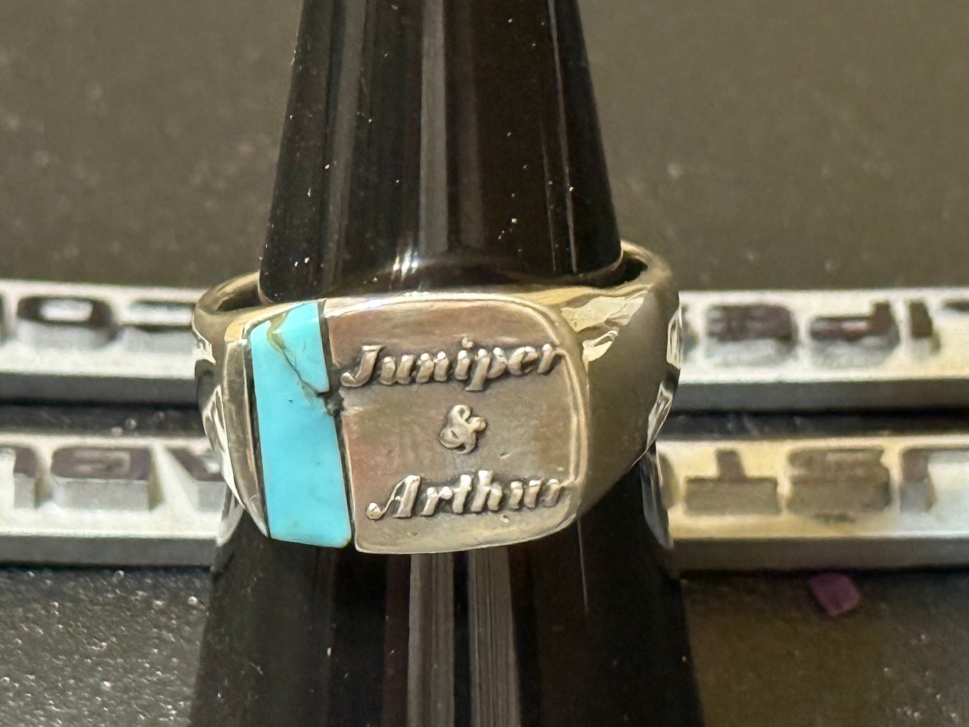 Handmade customized silver signet ring with natural turquoise stone