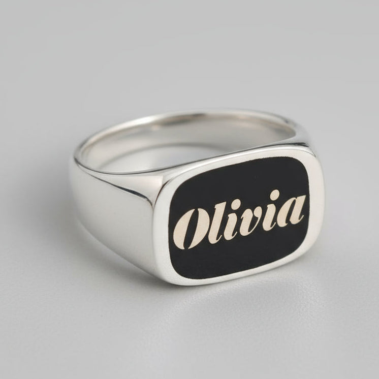 Custom handmade silver signet ring with black background