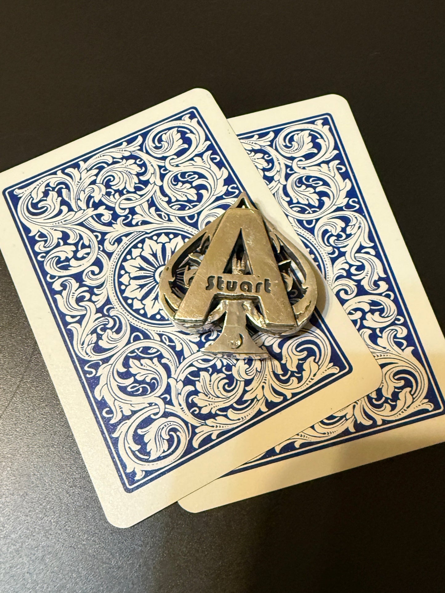 Handmade silver ace of spades card protector with custom text