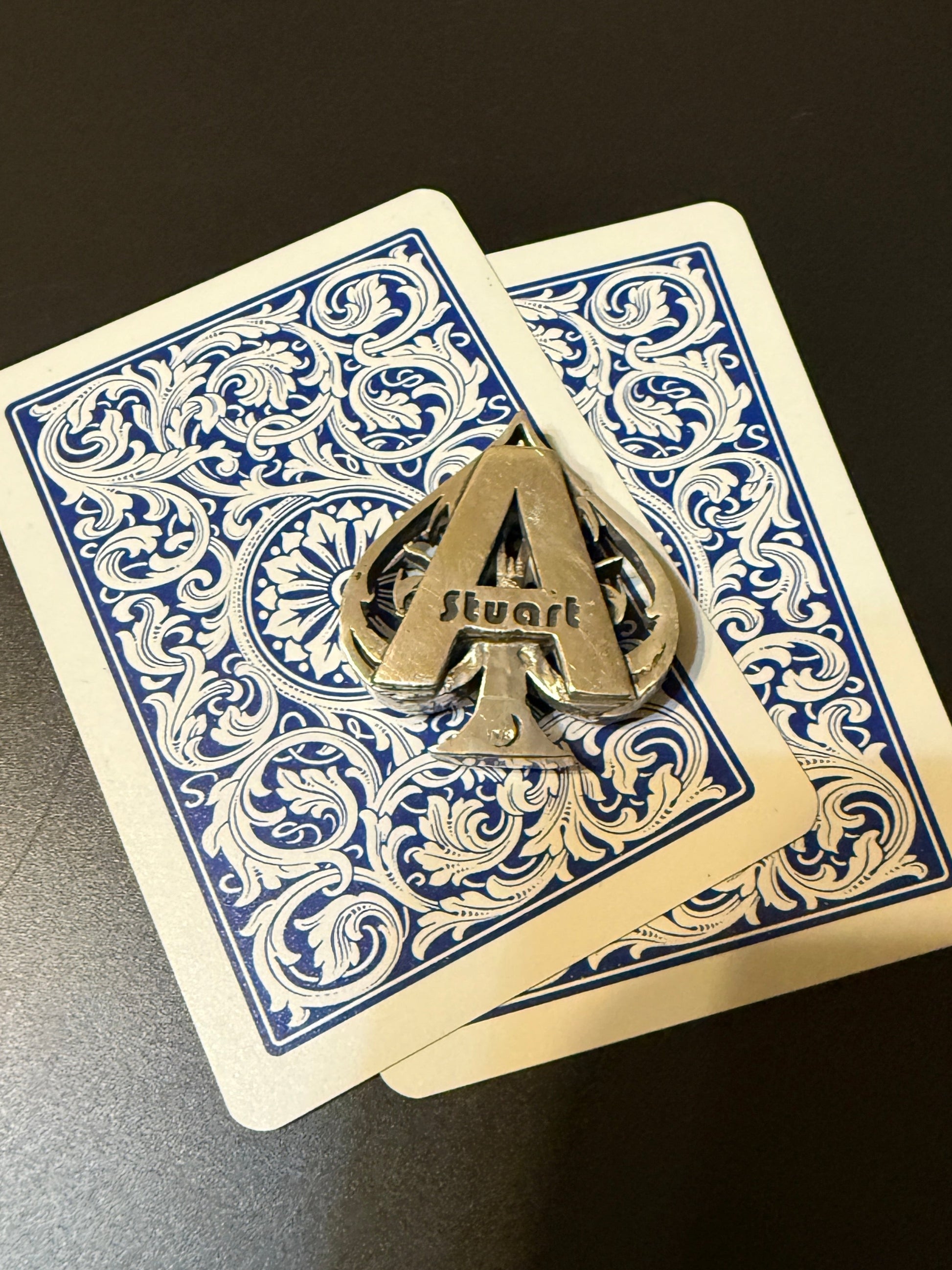 Handmade silver ace of spades card protector with custom text