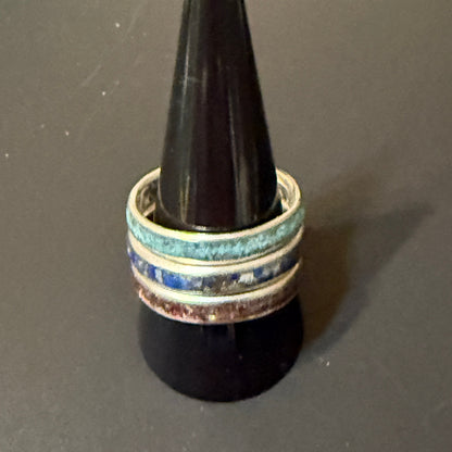 Three stackable rings with turquoise, garnet and lapis insets