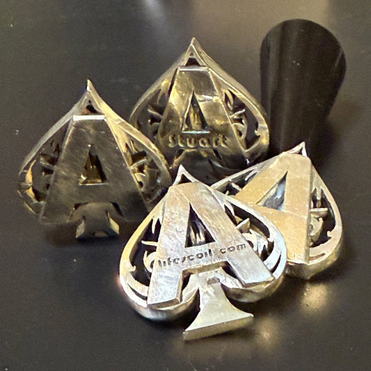 Four handmade silver ace of spades card protector some generic with no customization and others with custom text