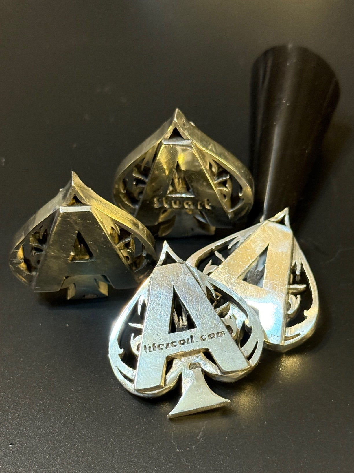 Four handmade silver ace of spades card protector some generic with no customization and others with custom text