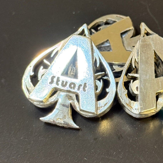 Three handmade silver ace of spades card protector some generic with no customization and others with custom text