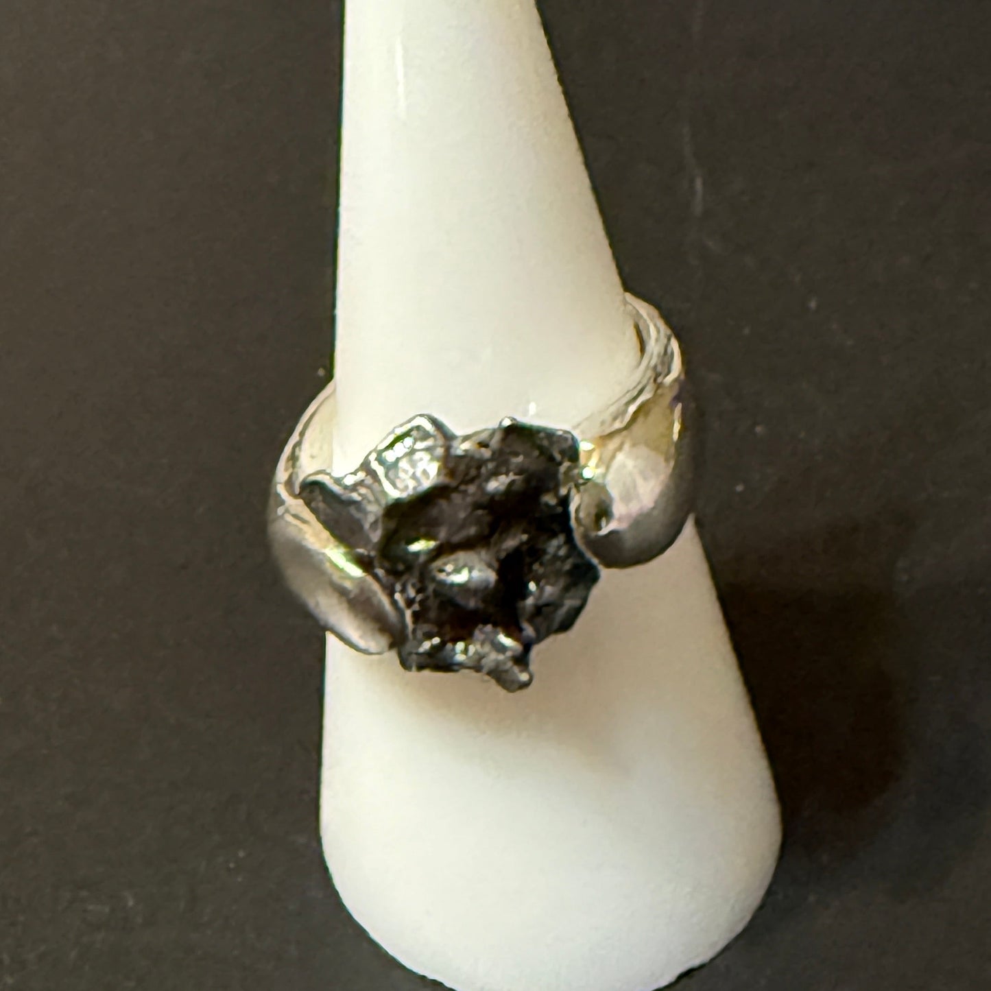 Silver barbell ring with meteorite