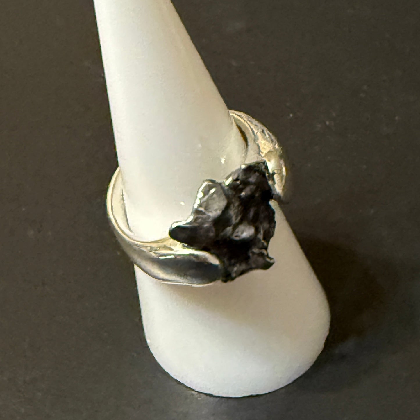 Silver barbell ring with meteorite