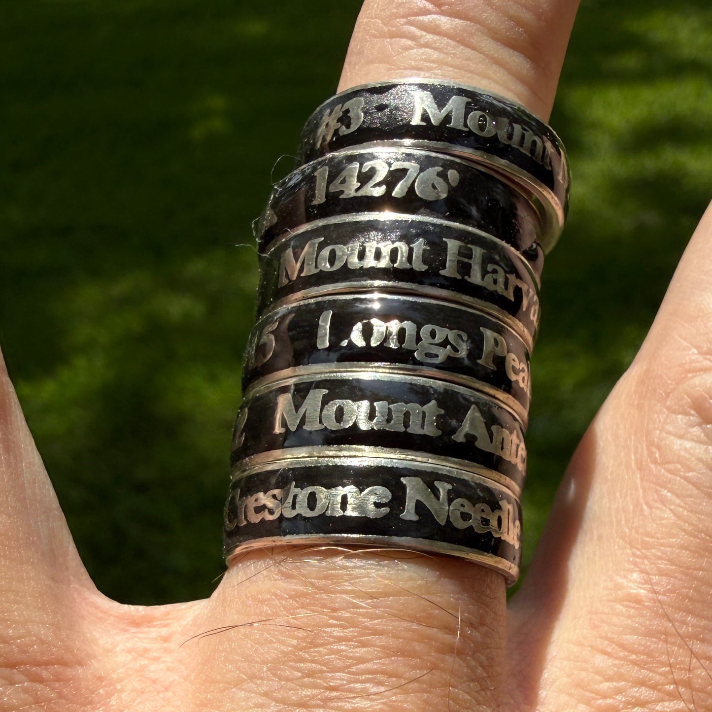 Multiple embedded rings with names and elevations of summitted Colorado 14ers