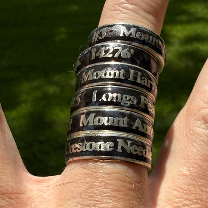 Multiple embedded rings with names and elevations of summitted Colorado 14ers