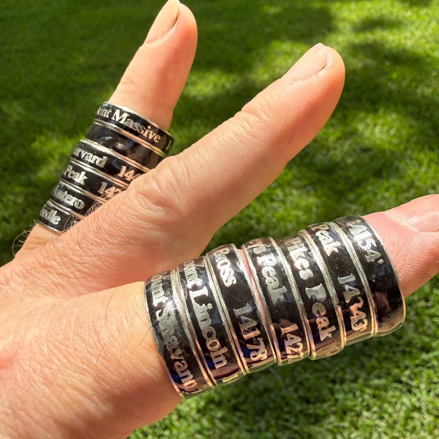 Multiple embedded rings with names and elevations of summitted Colorado 14ers