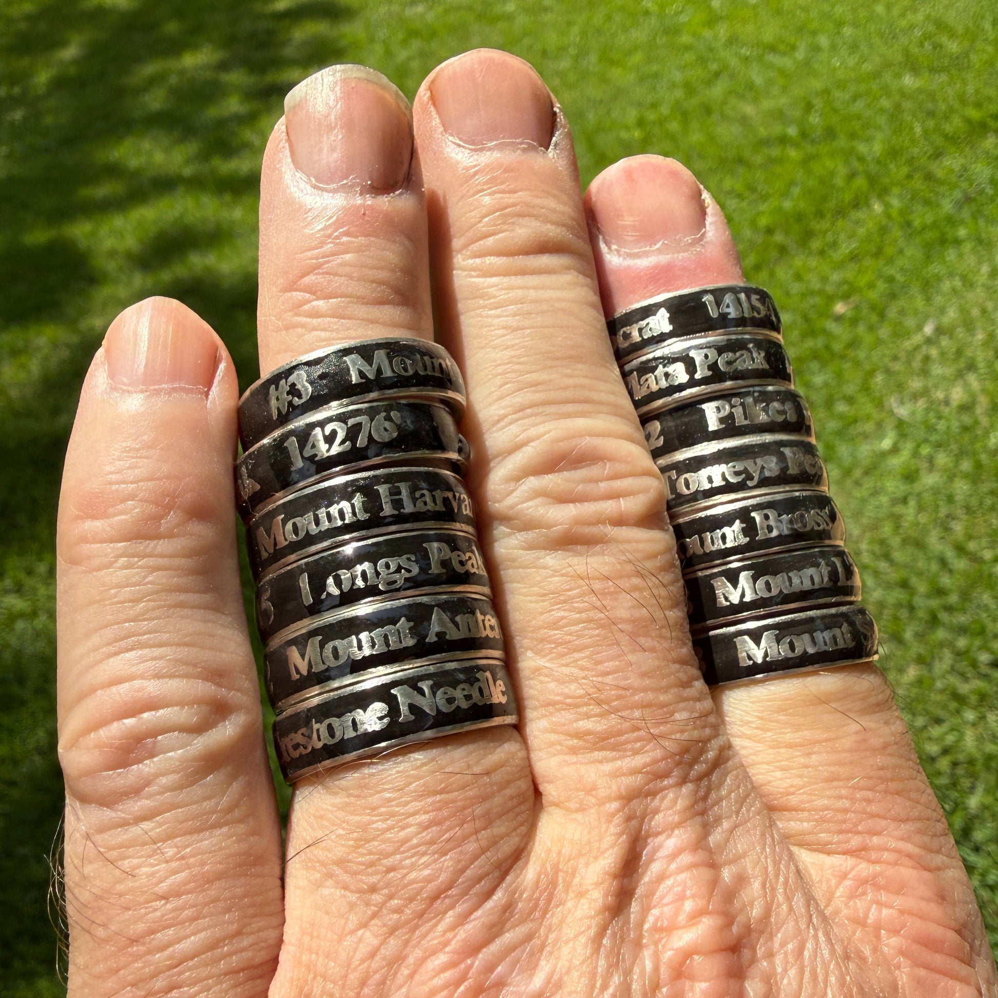 Multiple embedded rings with names and elevations of summitted Colorado 14ers
