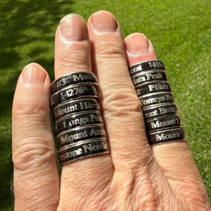 Multiple embedded rings with names and elevations of summitted Colorado 14ers